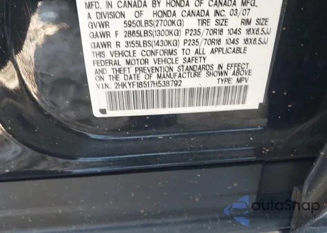 2007 Honda Pilot Ex-L from USA, damaged, VIN 2HKYF18517H538792